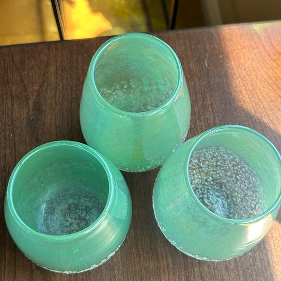 3 IRIDESCENT SEAGREEN Hard Glass WATERSCAPE VASE Candle Holder Handcrafted - Picture 5 of 10